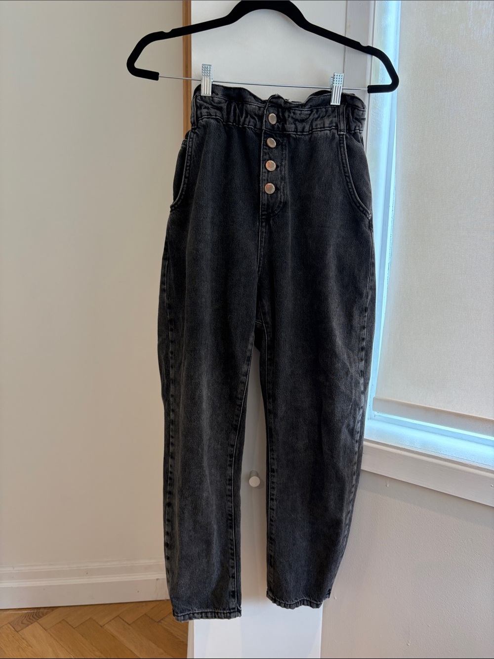 Zara High-Rise Paperbag Waist Button-Front Jeans in Washed Black